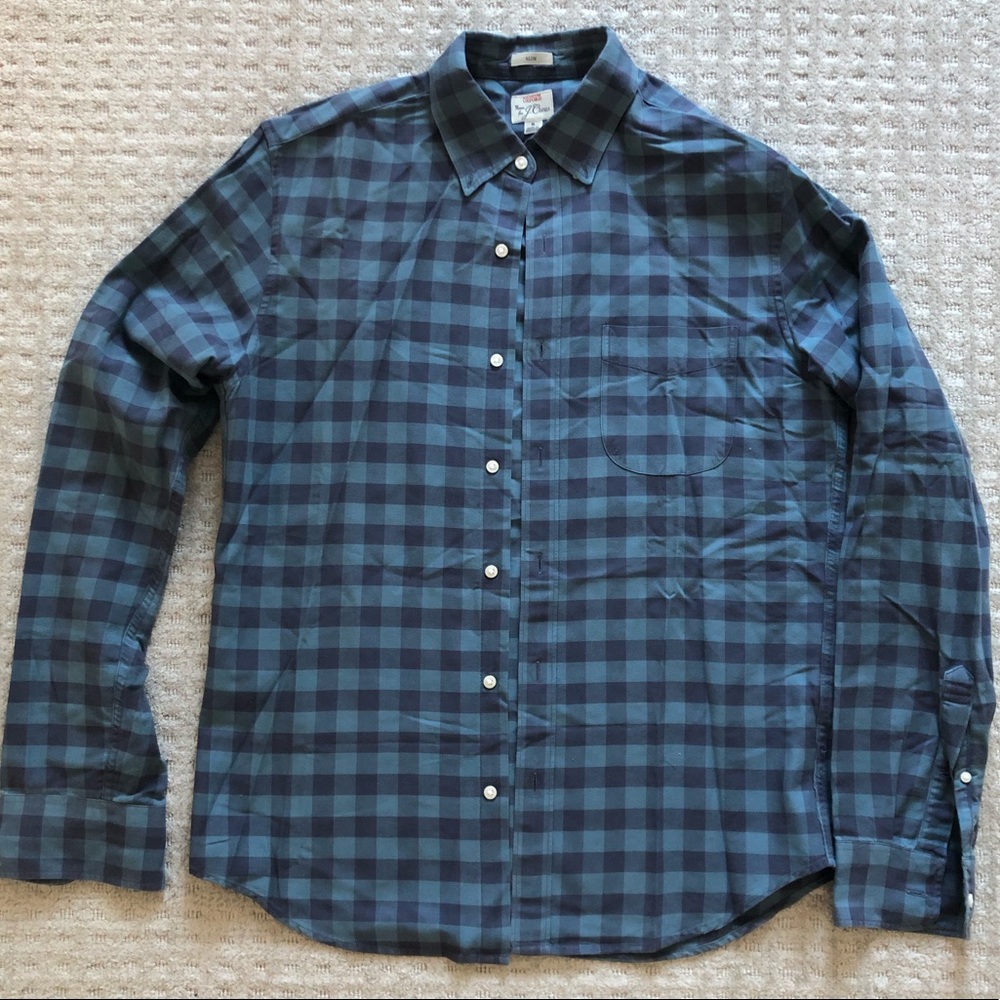 J.Crew Men’s All Cotton Oxford Button Down, Blue Buffalo Plaid, Medium Slim Fit